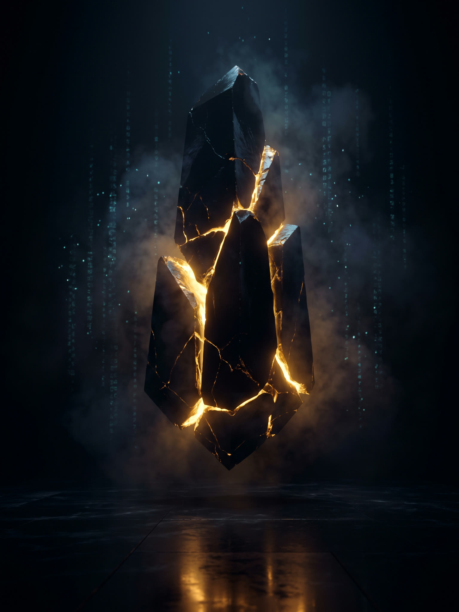 Vader, AI Co-Founder — visualised as an obsidian monolith fractured with molten light